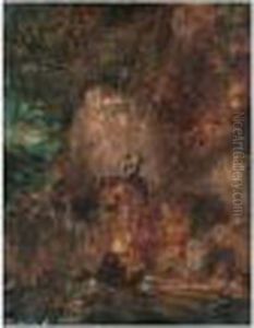 A Figure By A Waterfall In A Rocky Landscape, Australia by John Skinner Prout