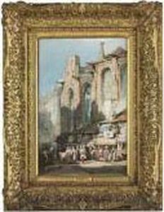 A French Town Scene With A Cathedral In The Background