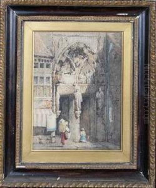 Street Vendors At An Ecclesiastical Doorway - view 1