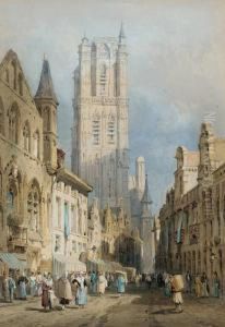 Figures Conversing In The Street In A French Cathedral Town by Samuel Prout