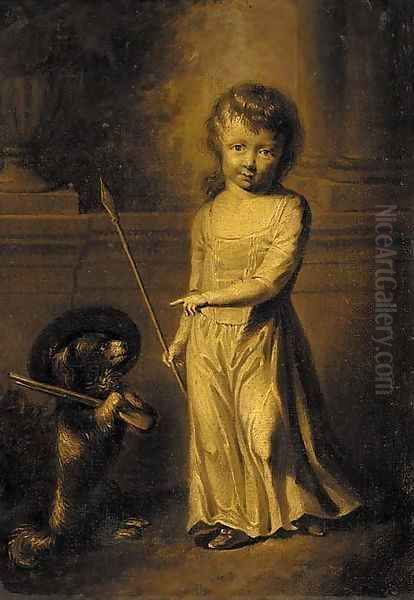Portrait of a girl, small full-length, in a white dress, holding a spear, a dog by her side - view 1