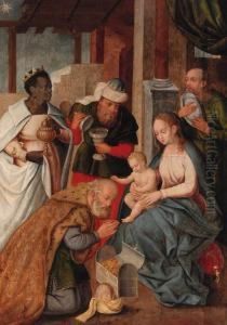 The Adoration Of The Magi; A Bishop Saint With Male Donors - Engriaille, On The Reverse by Jan Provost