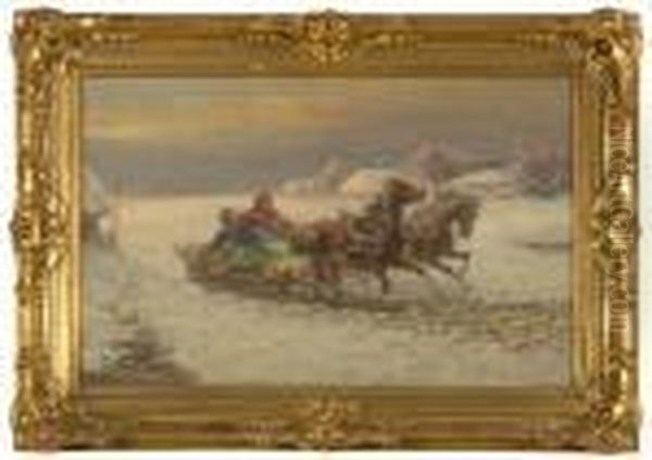 Two Ladies Drawn In A Sled Over Winter Snow - view 1