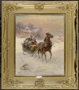 Retour De Marche. A Couple On A Carriage Riding Through The Snow by Gustav Prucha
