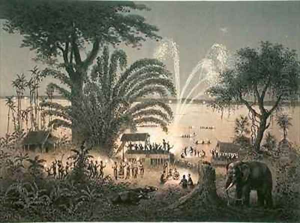 Fireworks on the river at celebrations in Bassac - view 1