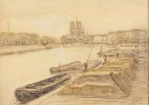 Le Pont Neuf, Le Pont De La Tournelle, Mouettes Sur La Seine, Peniches A Quai by Gaston Prunier