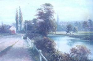 Landscape With Lady Walking Along A Lane By A River With Buildings Beyond