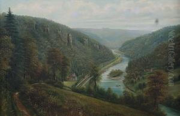 View Of A Wooded River Gorge, With Buildings And Figures In Boats - view 1