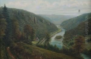 View Of A Wooded River Gorge, With Buildings And Figures In Boats by George Willis Pryce