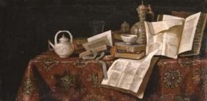 Books, Manuscripts, A Teapot, And Vanitas Still Life Elements On A Tabletop