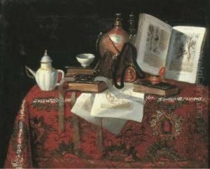 A Jug, A Teapot, A Watch, A Bowl, Books And Documents On A Draped Table