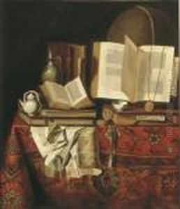 A Silver Jug And A Teapot, A 
Watch, A Golden Chain, A Teapot, Booksand Documents On A Draped Table