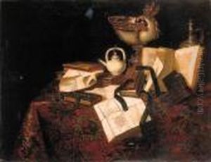 A Vanitas Still Life: A Silver 
Gilt Mounted Nautilus Cup, With Afopwatch, A Silver Jug And A Teapot, 
Books And Documents On Adraped Table by Pseudo Roestraten