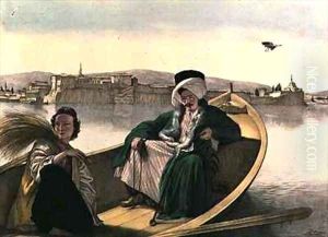 Voyage to Athens and Constantinople palace and fortress of Janina viewed from the lake a Turk and a young Greek by Louis Dupre