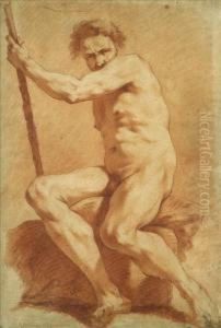 Nude Studyof A Man, Seated On A Rock Holding A Staff Sanguine by Pierre Puget