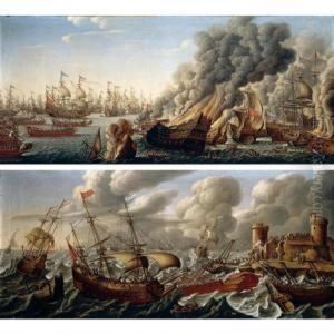A Coastal Landscape With
Shipping On Stormy Seas, Figures On The Shore By A Ruined Castle by Pierre Puget