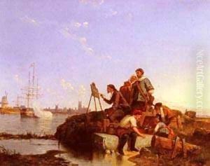 Cornelis Artist At His Easel With Shipping by Pieter Cornelis Dommerson
