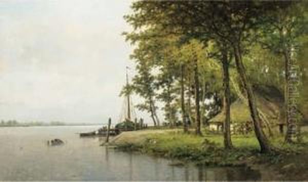 A Peaceful River Landscape With Fishermen Sorting Out Their Nets Ona Jetty - view 1