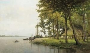 A Peaceful River Landscape With Fishermen Sorting Out Their Nets Ona Jetty by Louis Pulinckx