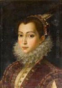 Portrait Of A Young Lady, 
Bust-length, In Acrimson Embroidered Dress With A White Lace Ruff And A 
Headdress Ofpearls, Flowers And Feathers by Scipione Pulzone