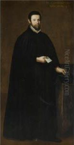 Portrait Of A Gentleman, Full 
Length, Wearing A Black Cloak And Holding A Black Hat And A Letter