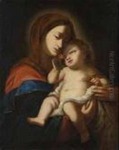 Madonna Mit Kind, Das Ein Kreuz Und Eine Rose Halt. Madonna Mit Kind, Das Ein Kreuz Und Eine Rose Halt.
