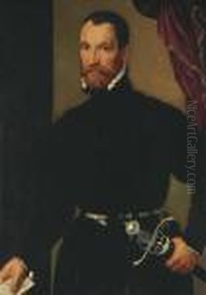Portrait D'un Gentilhomme A Mi-corps, Arme Et Tenant Unelettre - view 1