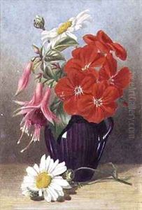Geraniums and Fuchsias in Glazed Purple Jug by Mary Elizabeth Duffield