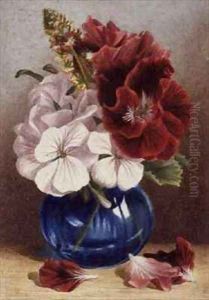 Claret and White Pelargoniums in a Blue Vase Claret and White Pelargoniums in a Blue Vase