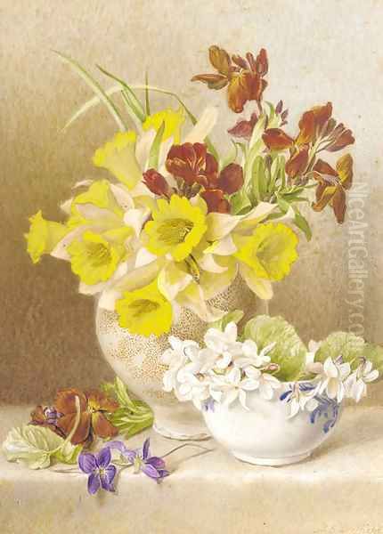 Still life with daffodils, cyclamen and anemones in ceramic vases on a ledge - view 1