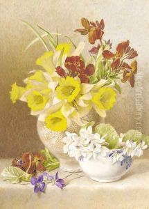 Still life with daffodils, cyclamen and anemones in ceramic vases on a ledge by Mary Elizabeth Duffield
