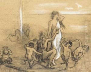 Mythological Scene: Goddess And Satyrs With Barque Beyond by Sarah Henrietta Purser