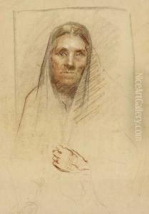 Head Of An Old Woman With A Shawl Over Head by Sarah Henrietta Purser