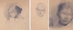 Study Of Girls Head (set Of Three) by Sarah Henrietta Purser