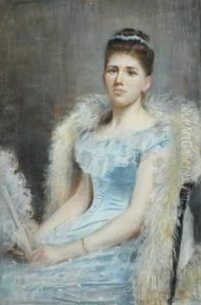 Lady In A Blue Silk Dress And Feathered Boa - view 1