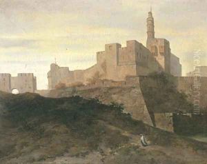 Jerusalem, a view of the city walls with the Gate of Jaffa and the Tower of David by Adrien Dauzats