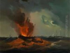 Feuer Auf Hoher See In Einer Mondnacht by Josef Carl Berthold Puttner