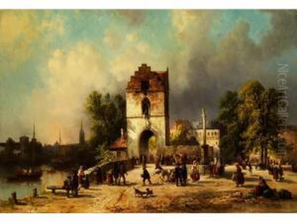 Stadtansicht Mit Gotischem
Treppenturm, Saulenbrunnen Und Flanierenden Personen Auf Dem Vorplatz - view 1