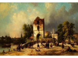 Stadtansicht Mit Gotischem 
Treppenturm, Saulenbrunnen Und Flanierenden Personen Auf Dem Vorplatz