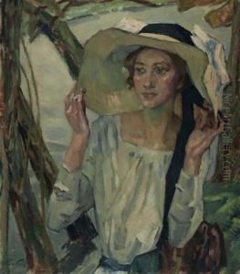 Dame Mit Florentiner Hut. by Leo Putz