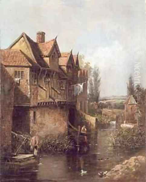 Boy fishing by a mill - view 1