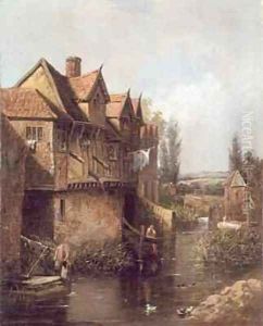 Boy fishing by a mill by Peter Deakin
