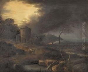 Weite Landschaft Mit Brennender Stadt by Adam Pynacker