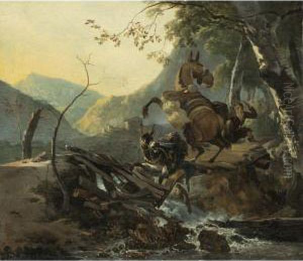 Italianate Landscape With A Donkey And A Rearing Horse Crossing Acollapsing Bridge - view 1