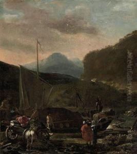 A River Landscape With A Ship 
Carrying Cargo, Travellers With Theirhorse And Cart On A Bank