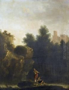 Idyllische Flussuferpartie Mit Anglern Und Burg