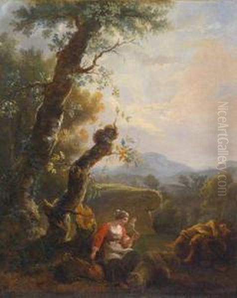 Eine Bauerin Mit Einem 
Spinnrocken Und Ein Schlafender Bauer In Einer Bewaldeten Landschaft - view 1