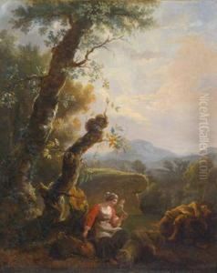 Eine Bauerin Mit Einem 
Spinnrocken Und Ein Schlafender Bauer In Einer Bewaldeten Landschaft
