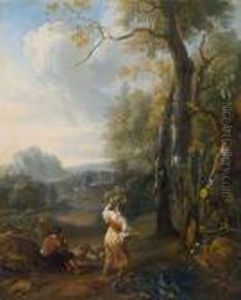 Eine Junge Hirtin Und Ein Flotenspielender Hirt In Einer Bewaldeten Landschaft