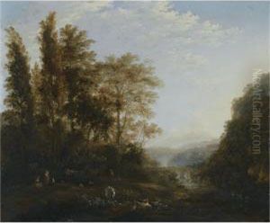 A Forest Landscape With 
Shepherds Resting With Their Cattle In The Foreground, An Aqueduct 
Beyond